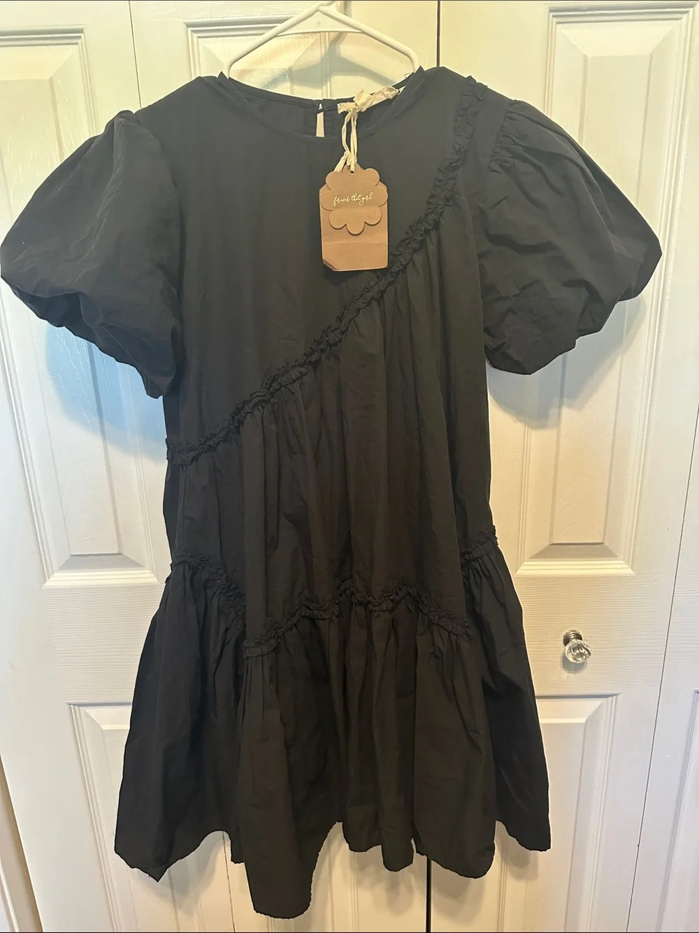 Anthropologie Forever That Girl Black Asymmetrical Ruffle Puff-Sleeve Mini Dress